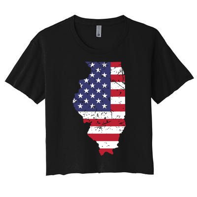 Illinois Map State American Flag 4th Of July Pride Women's Crop Top Tee