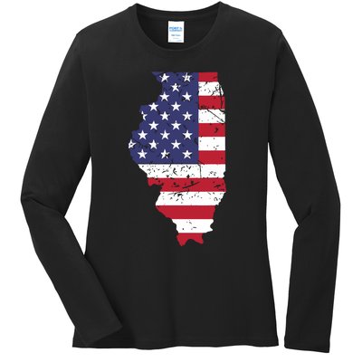 Illinois Map State American Flag 4th Of July Pride Ladies Long Sleeve Shirt