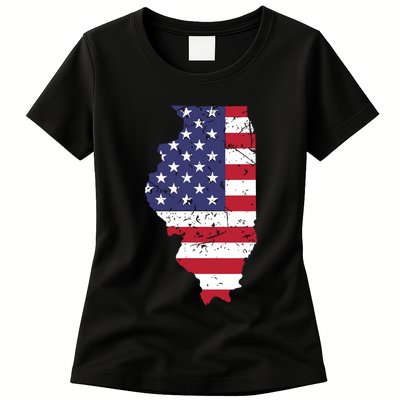 Illinois Map State American Flag 4th Of July Pride Womens T-Shirt