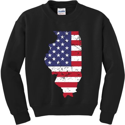 Illinois Map State American Flag 4th Of July Pride Kids Sweatshirt