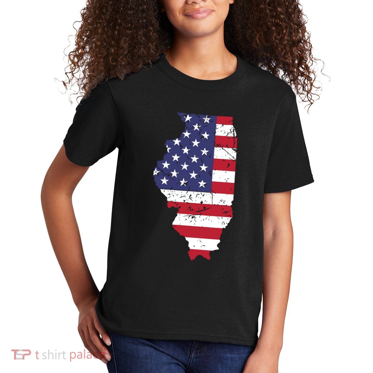 Illinois Map State American Flag 4th Of July Pride Kids T-Shirt