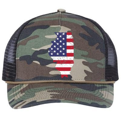 Illinois Map State American Flag 4th Of July Pride Retro Rope Trucker Hat Cap