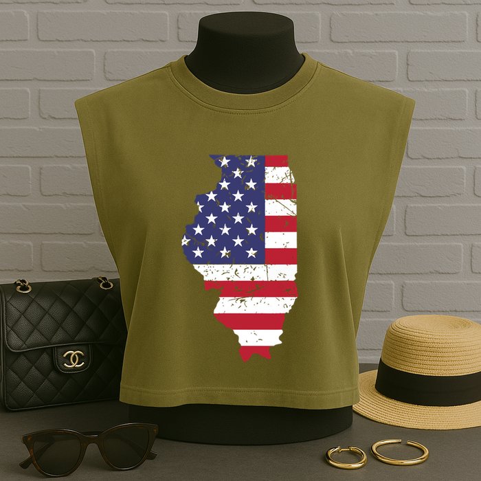 Illinois Map State American Flag 4th Of July Pride Garment-Dyed Women's Muscle Tee