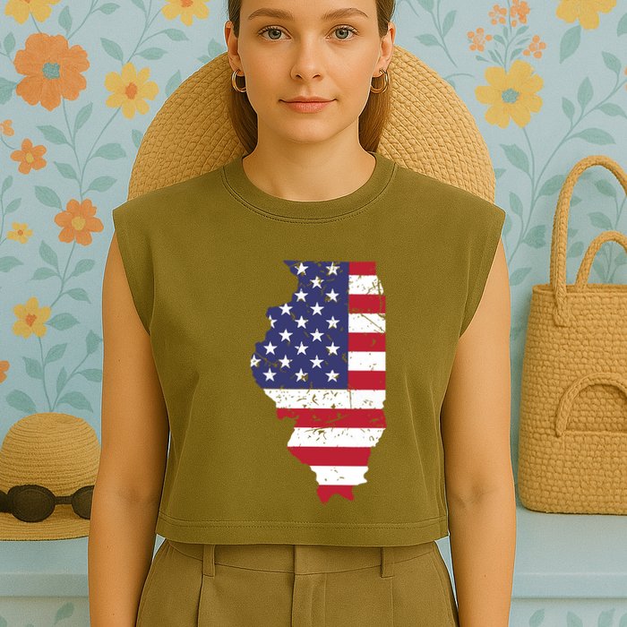 Illinois Map State American Flag 4th Of July Pride Garment-Dyed Women's Muscle Tee