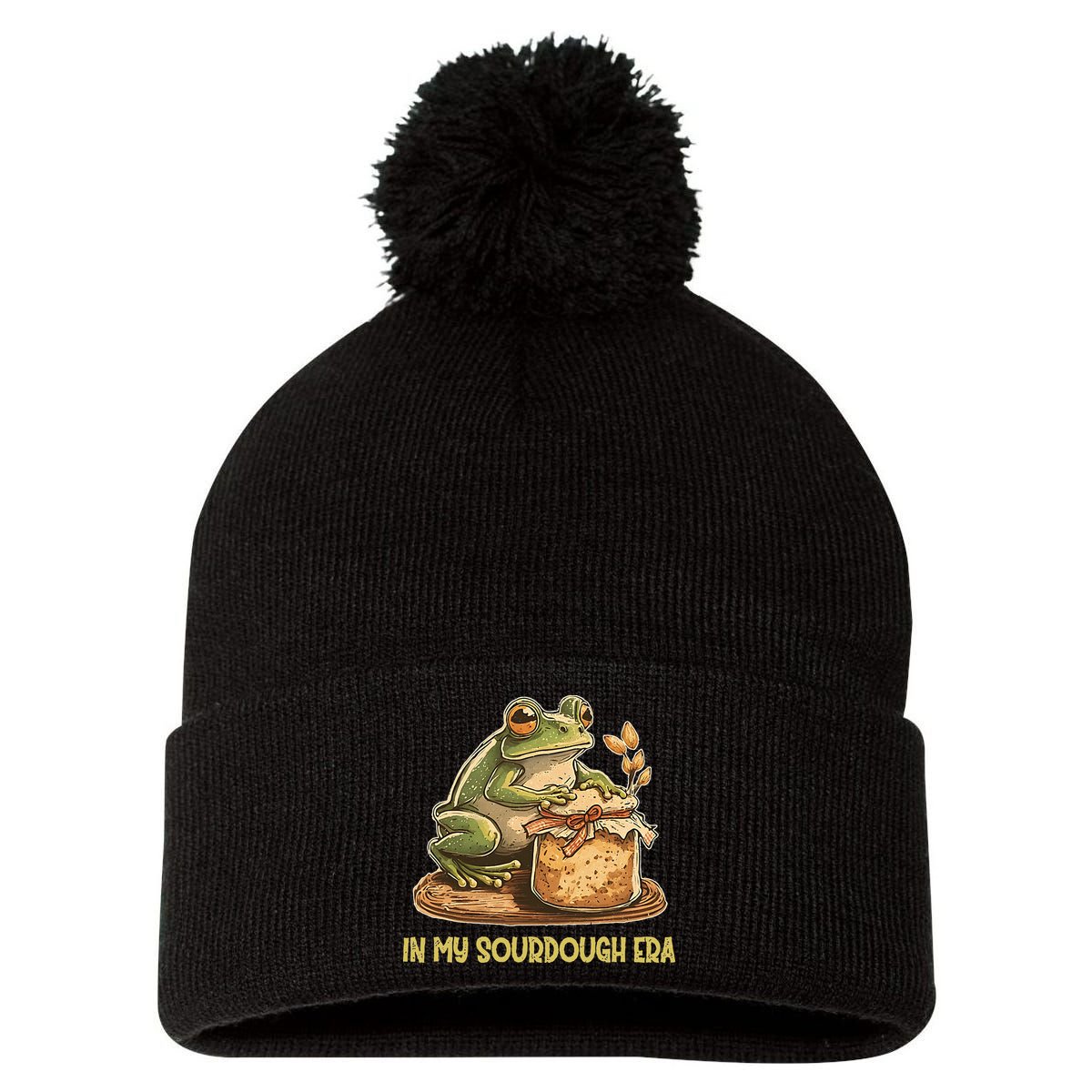 In My Sourdough Era Funny Frog Baking Bread Pom Pom 12in Knit Beanie
