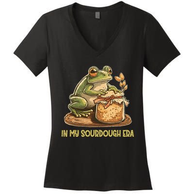 In My Sourdough Era Funny Frog Baking Bread Women's V-Neck T-Shirt