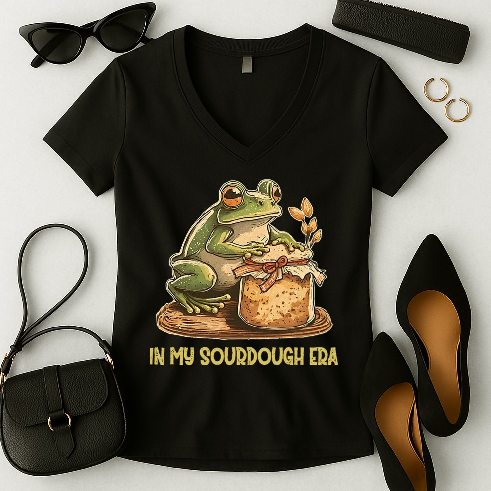 In My Sourdough Era Funny Frog Baking Bread Women's V-Neck T-Shirt
