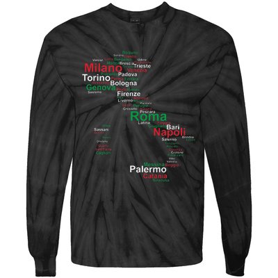 Italy Map Silhouette Flag Towns Cities Rome Travel Europe Tie-Dye Long Sleeve Shirt