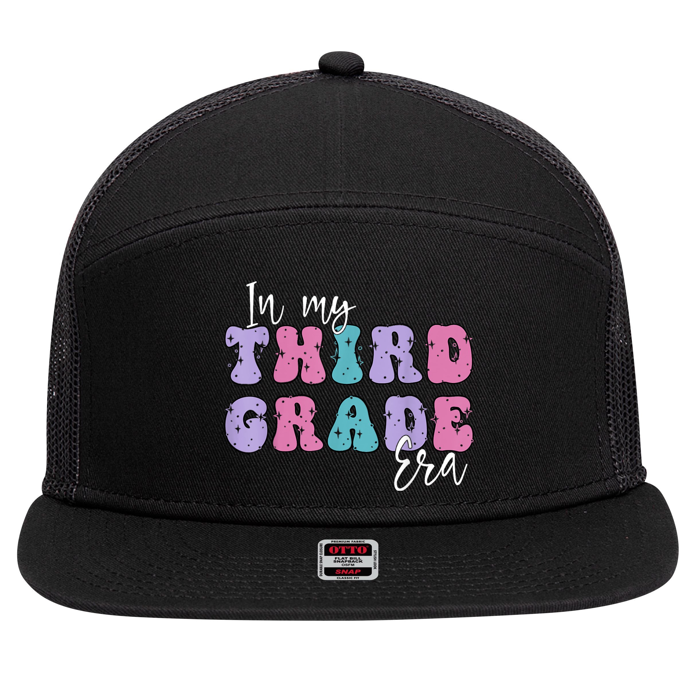In My Third 3rd Grade Era Groovy Back To School Teacher Kids 7 Panel Mesh Trucker Snapback Hat