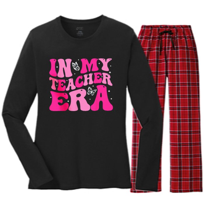 In My Teaching Era Best Teacher Appreciation Retro Groovy Women's Long Sleeve Flannel Pajama Set 