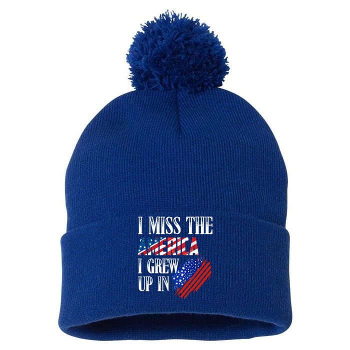 I Miss The America I Grew Up In Distress American Flag Gift Pom Pom 12in Knit Beanie