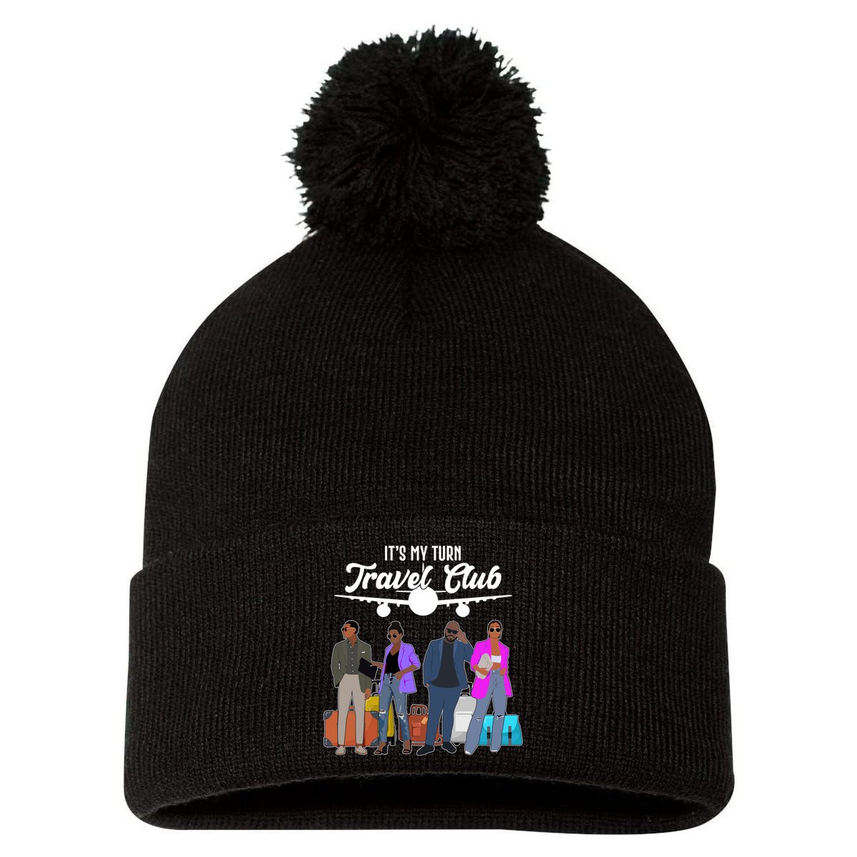 It's My Turn Travel Club Traveling Black African American Men And Women Pom Pom 12in Knit Beanie
