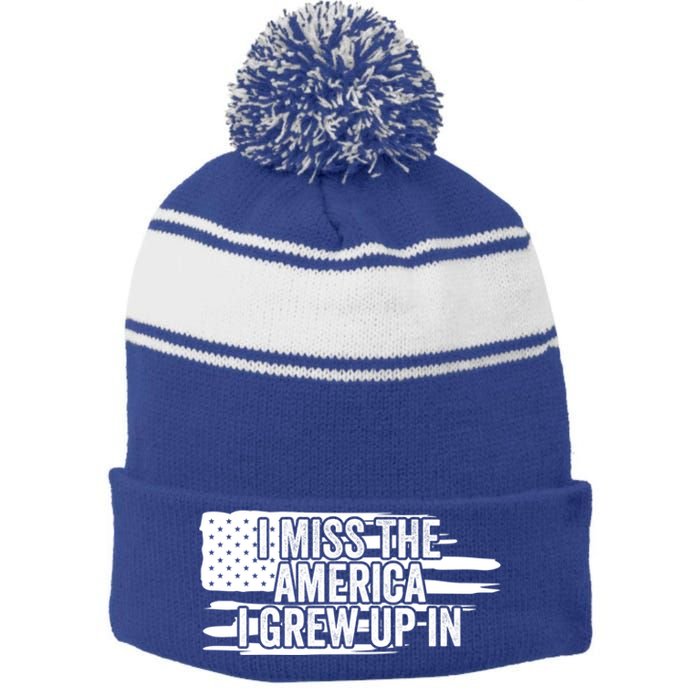 I Miss The America I Grew Up In Retro Distressed Us Flag Funny Gift Stripe Pom Pom Beanie