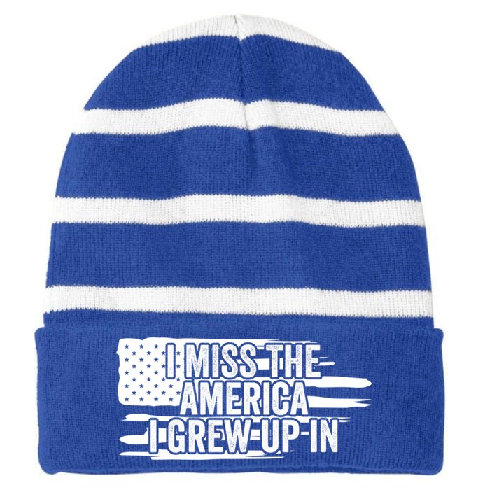 I Miss The America I Grew Up In Retro Distressed Us Flag Funny Gift Striped Beanie with Solid Band