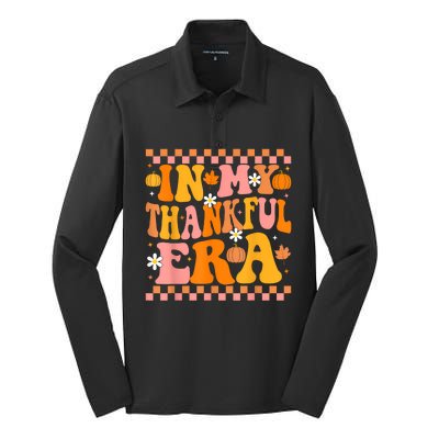 In My Thankful Era Fall Pumpkin Autumn Groovy Thanksgiving Silk Touch Performance Long Sleeve Polo