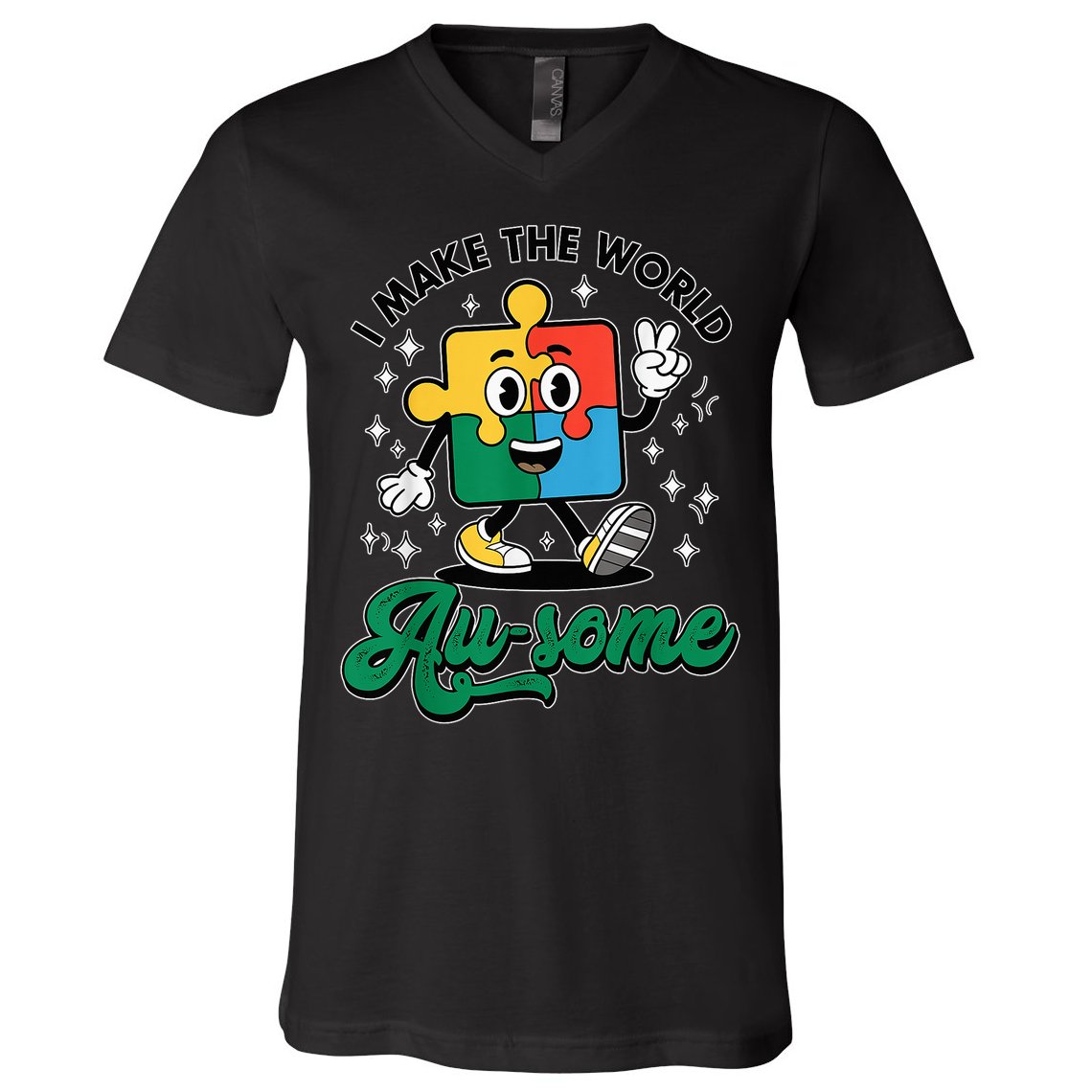 I Make The World Au-Some Autism Puzzle Boy Support V-Neck T-Shirt