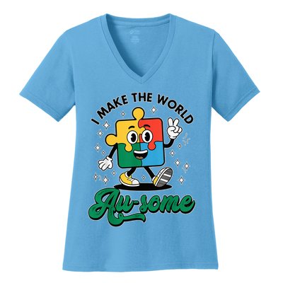 I Make The World Au-Some Autism Puzzle Boy Support Women's V-Neck T-Shirt