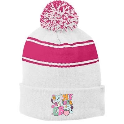 In My Teaching Era Best Teacher Appreciation Retro Groovy Stripe Pom Pom Beanie