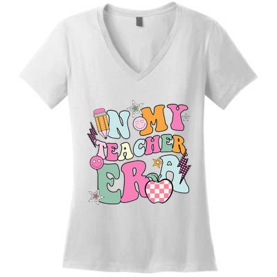 In My Teaching Era Best Teacher Appreciation Retro Groovy Women's V-Neck T-Shirt