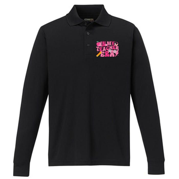 In My Teacher Era Back To School Retro Back To School Retro Performance Long Sleeve Polo