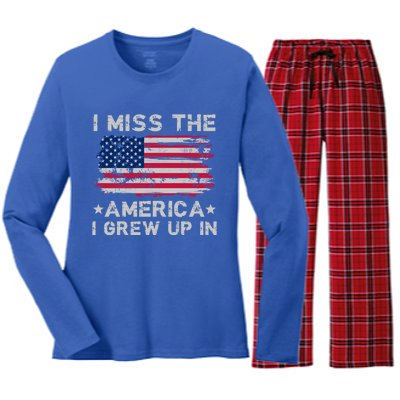 I Miss The America I Grew Up In Grunge Old Usa Flag Gift Women's Long Sleeve Flannel Pajama Set 