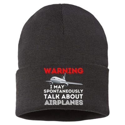 I May Talk About Airplanes Funny Pilot & Aviation Airplane Sustainable Knit Beanie