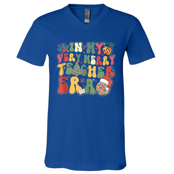 In My Very Merry Teacher Era Groovy Retro Teacher Christmas Meaningful Gift V-Neck T-Shirt