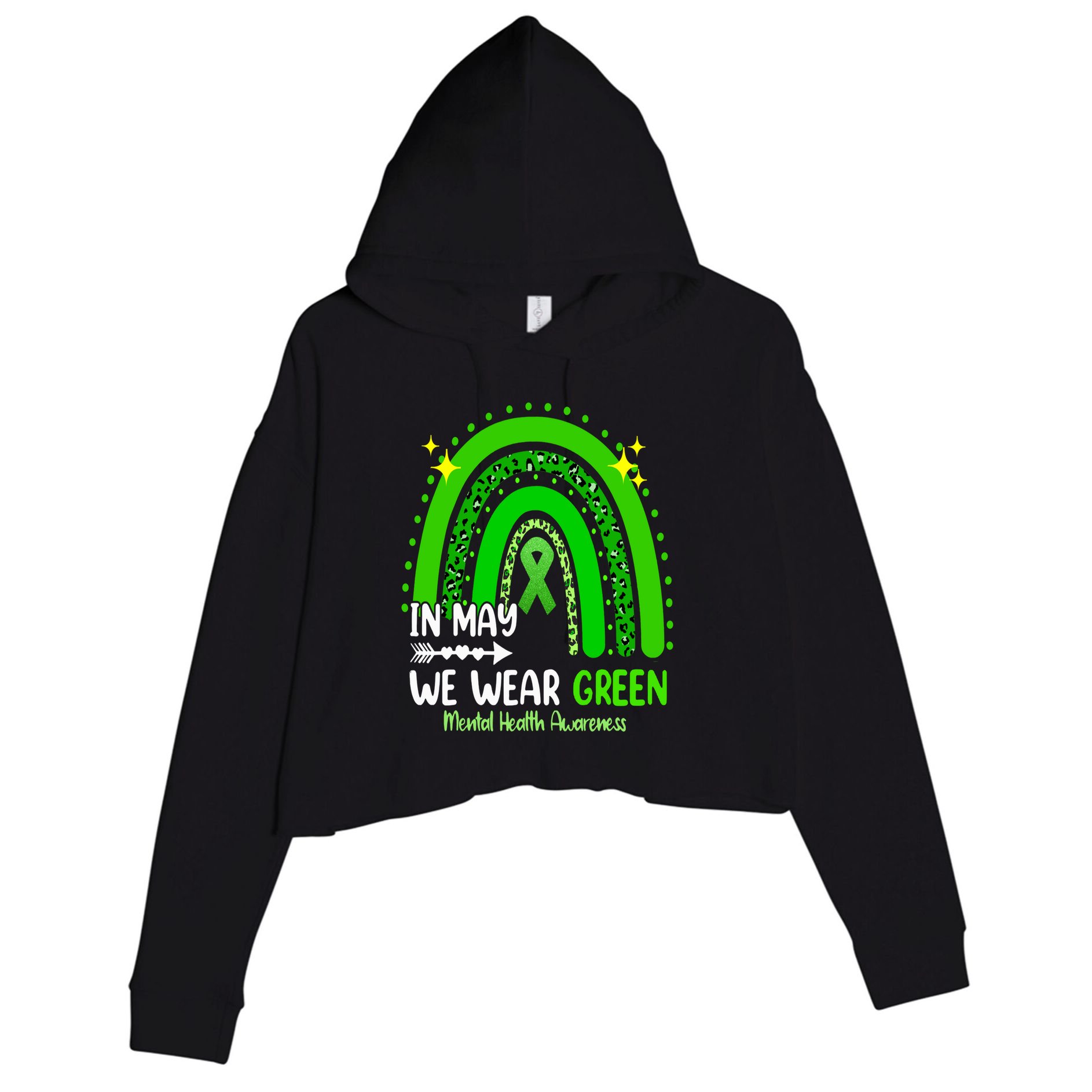 In May We Wear Green Mental Health Awareness Leopard Rainbow Crop Fleece Hoodie