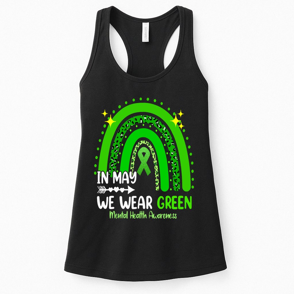 In May We Wear Green Mental Health Awareness Leopard Rainbow Womens Tank Top