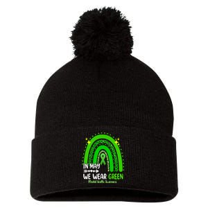 In May We Wear Green Mental Health Awareness Leopard Rainbow Pom Pom 12in Knit Beanie