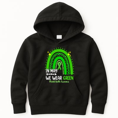 In May We Wear Green Mental Health Awareness Leopard Rainbow Kids Hoodie