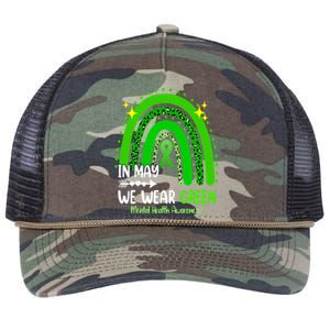 In May We Wear Green Mental Health Awareness Leopard Rainbow Retro Rope Trucker Hat Cap