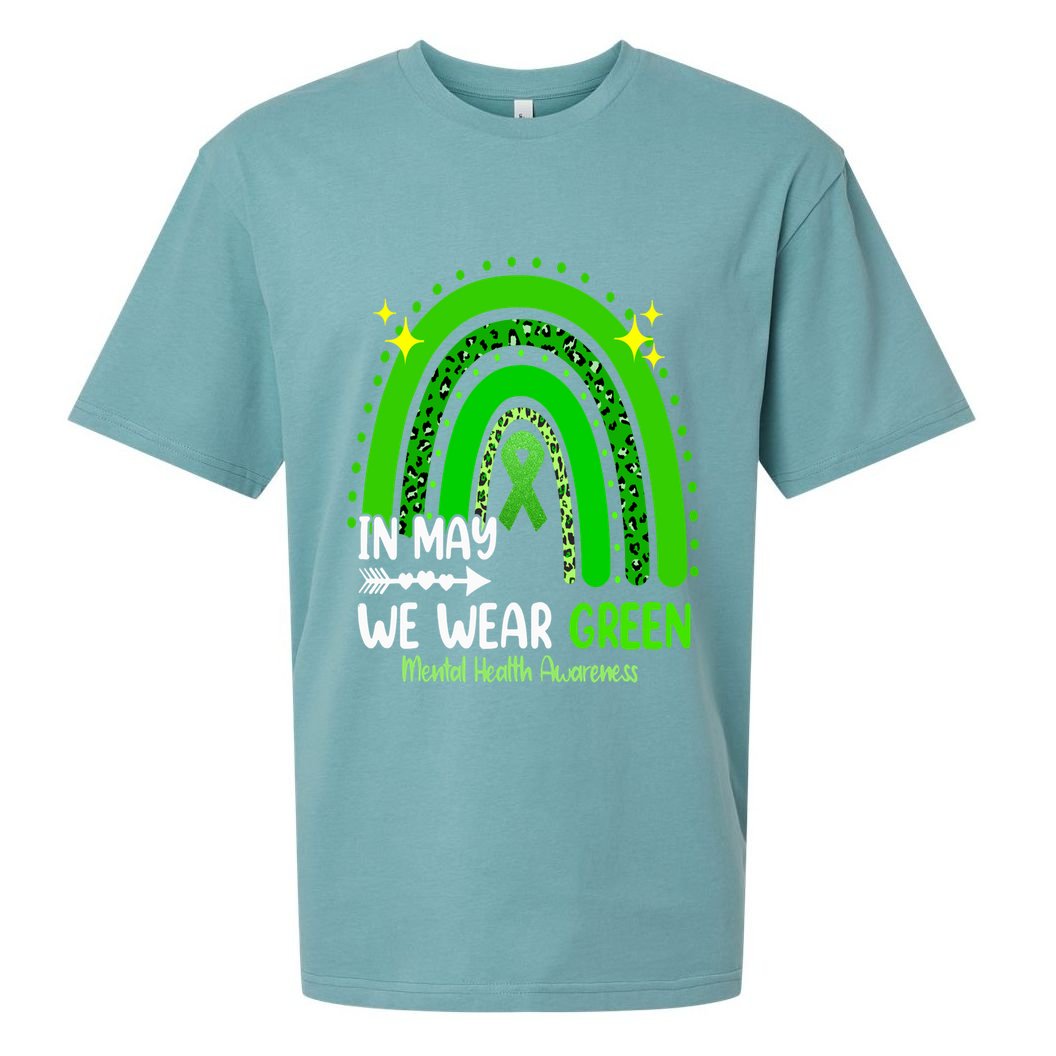 In May We Wear Green Mental Health Awareness Leopard Rainbow Sueded Cloud Jersey T-Shirt