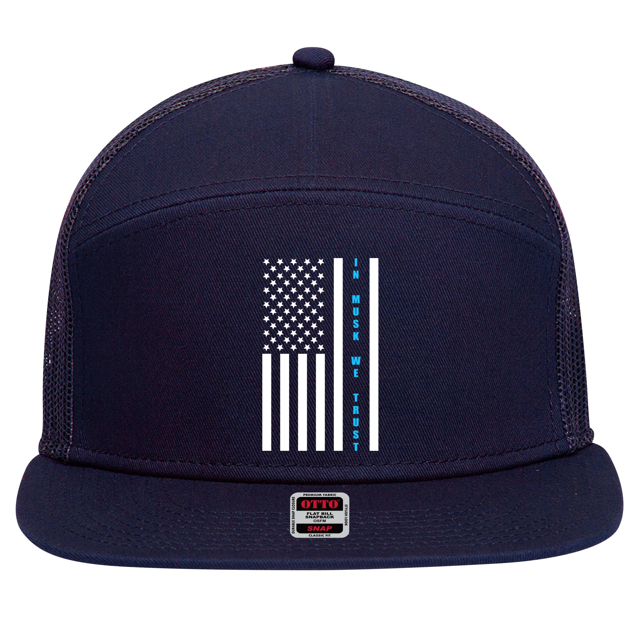 In Musk We Trust USA United States Flag Elon Funny 7 Panel Mesh Trucker Snapback Hat
