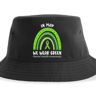 In May We Wear Green Mental Health Awareness Ribbon Rainbow Sustainable Bucket Hat