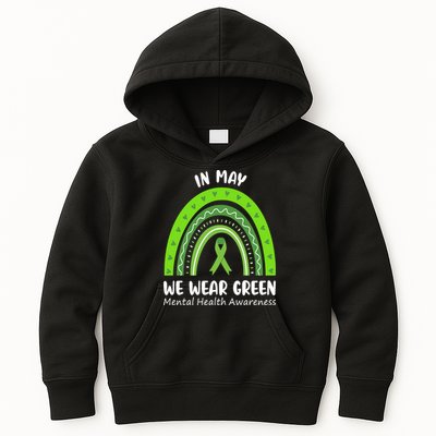 In May We Wear Green Mental Health Awareness Ribbon Rainbow Kids Hoodie