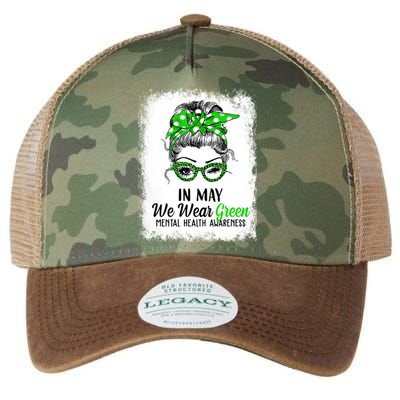 In May We Wear Green Mental Health Awareness Messy Bun Legacy Tie Dye Trucker Hat