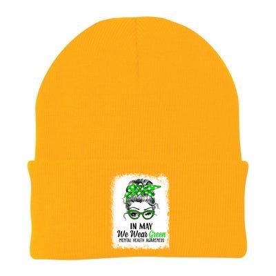 In May We Wear Green Mental Health Awareness Messy Bun Knit Cap Winter Beanie