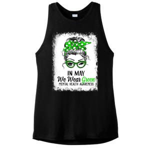 In May We Wear Green Mental Health Awareness Messy Bun Ladies PosiCharge Tri-Blend Wicking Tank