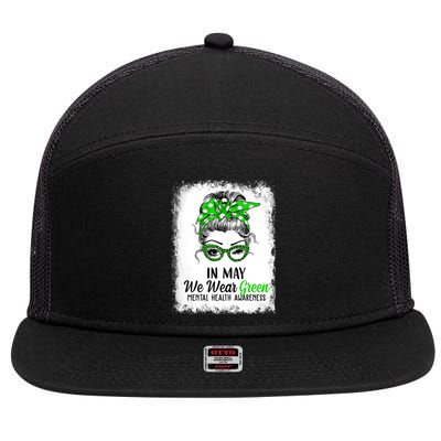 In May We Wear Green Mental Health Awareness Messy Bun 7 Panel Mesh Trucker Snapback Hat