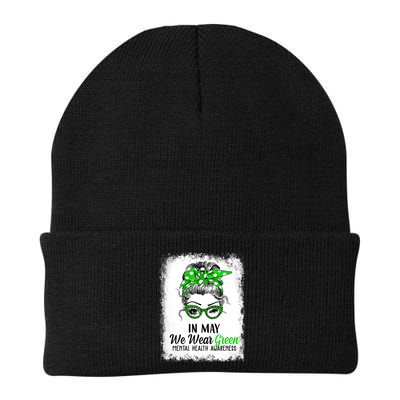 In May We Wear Green Mental Health Awareness Messy Bun Beanie