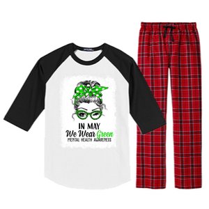 In May We Wear Green Mental Health Awareness Messy Bun Raglan Sleeve Pajama Set