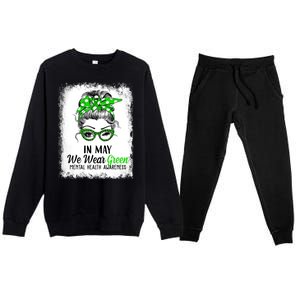 In May We Wear Green Mental Health Awareness Messy Bun Premium Crewneck Sweatsuit Set