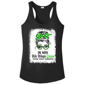 In May We Wear Green Mental Health Awareness Messy Bun Ladies PosiCharge Competitor Racerback Tank