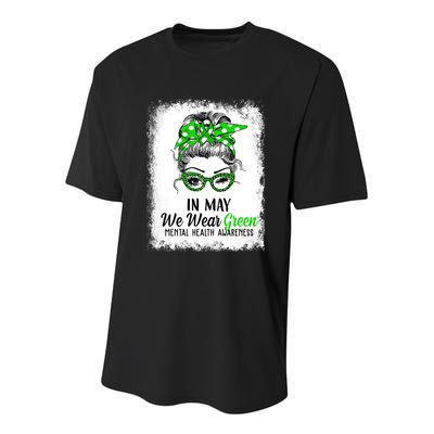 In May We Wear Green Mental Health Awareness Messy Bun Youth Performance Sprint T-Shirt
