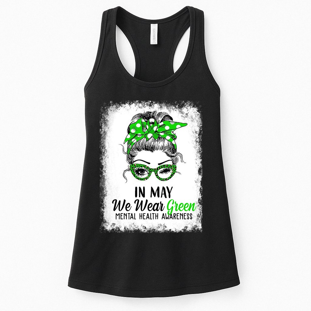 In May We Wear Green Mental Health Awareness Messy Bun Womens Tank Top