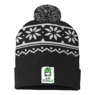 In May We Wear Green Mental Health Awareness Messy Bun USA-Made Snowflake Beanie