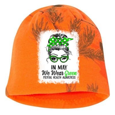 In May We Wear Green Mental Health Awareness Messy Bun Kati - Camo Knit Beanie