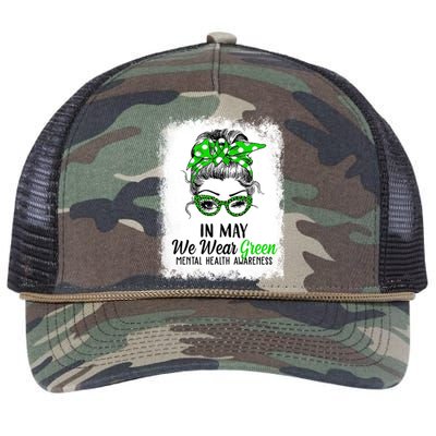 In May We Wear Green Mental Health Awareness Messy Bun Retro Rope Trucker Hat Cap