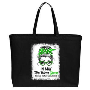 In May We Wear Green Mental Health Awareness Messy Bun Cotton Canvas Jumbo Tote